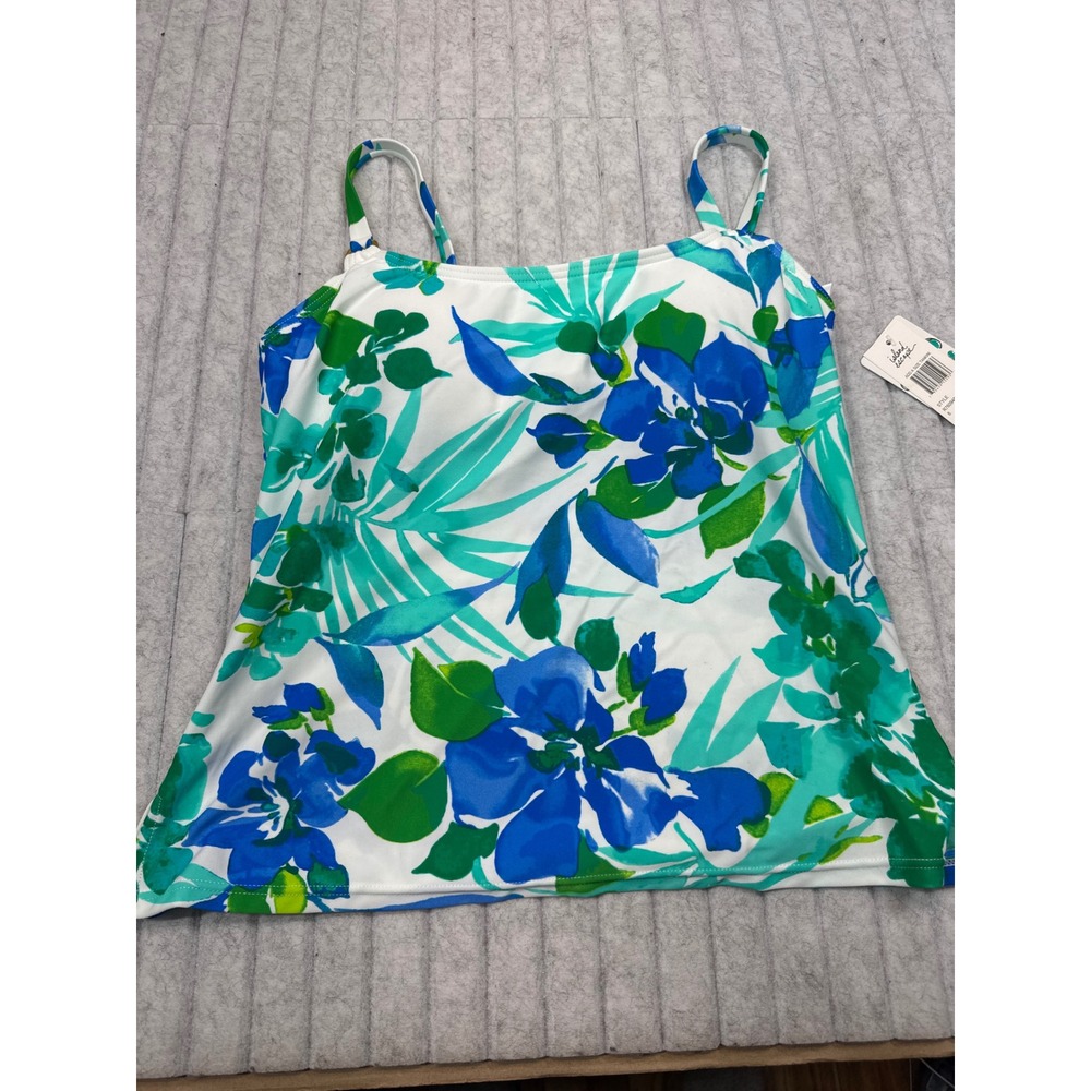 Island Escape Blue Green Tropical Floral Tankini Swim Top Size 8 NWT R760948